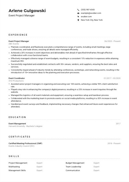 Event Project Manager Resume Example