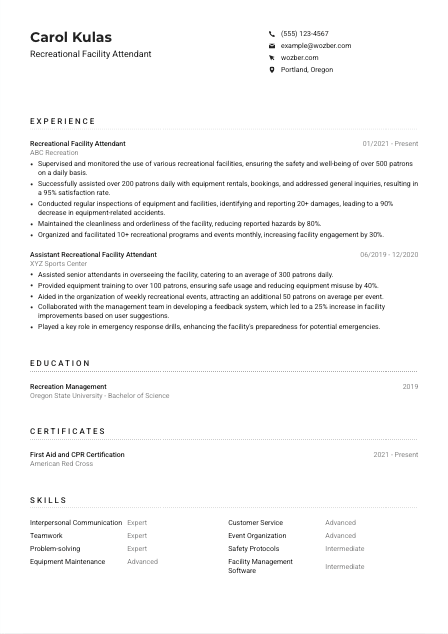 Recreational Facility Attendant Resume Example