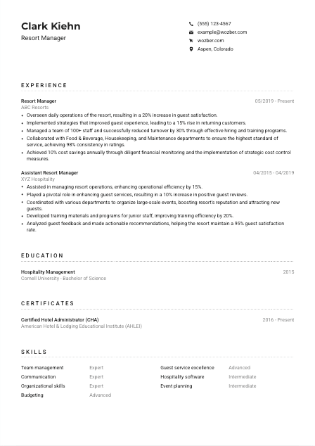 Resort Manager Resume Example
