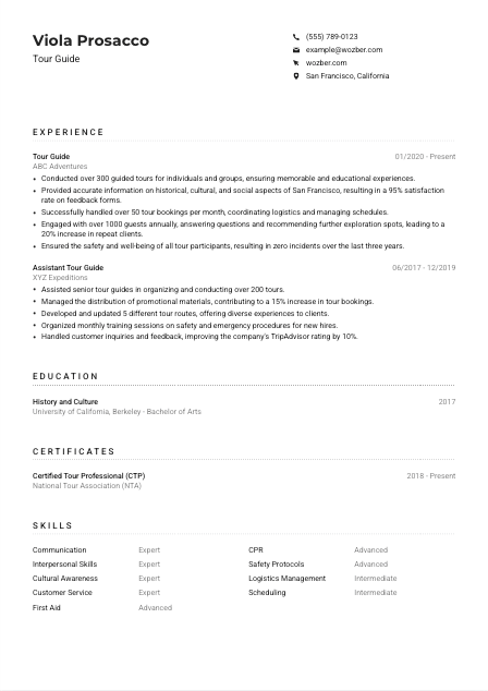 Tour Guide Resume Example