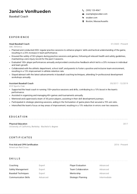 Baseball Coach CV Example