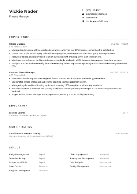 Fitness Manager Resume Example