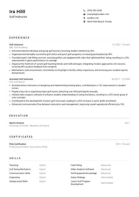 Golf Instructor Resume Example