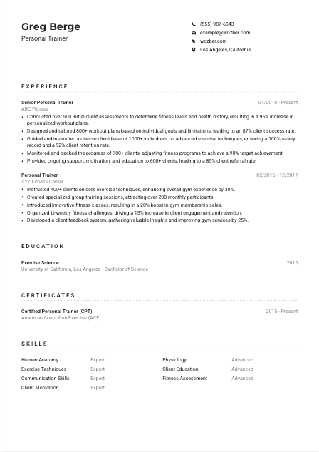 Personal Trainer Resume Example