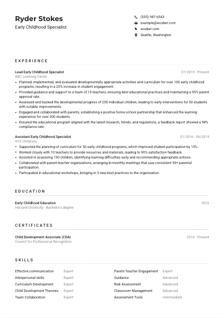Early Childhood Specialist CV Example