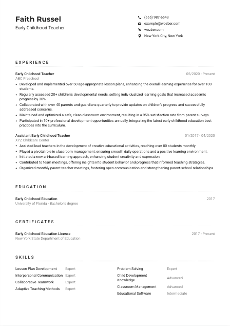 Early Childhood Teacher CV Example