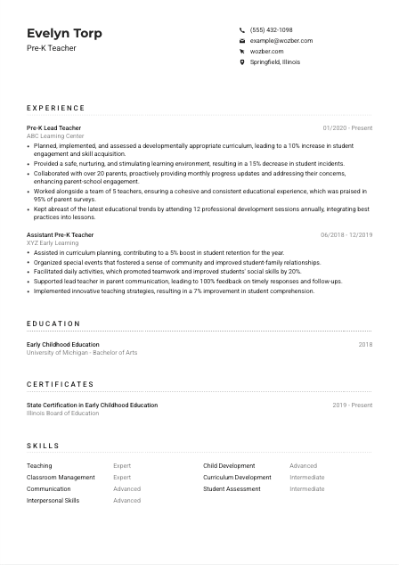 Pre-K Teacher CV Example