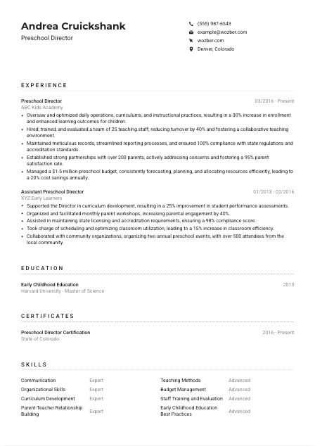 Preschool Director CV Example