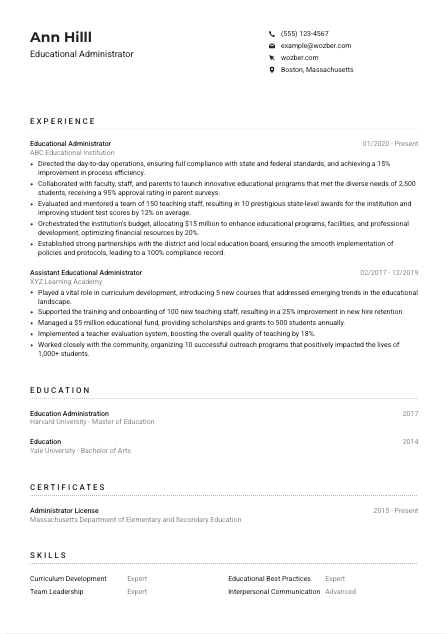 Educational Administrator Resume Example