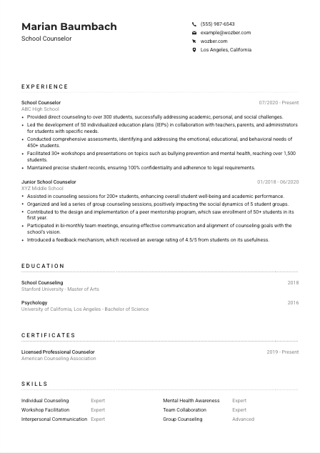 School Counselor CV Example