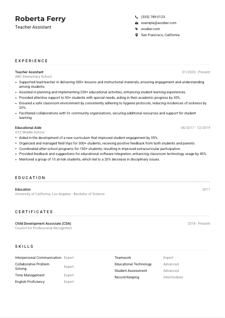 Teacher Assistant CV Example