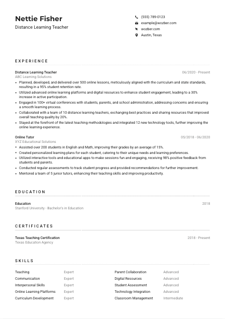 Distance Learning Teacher Resume Example