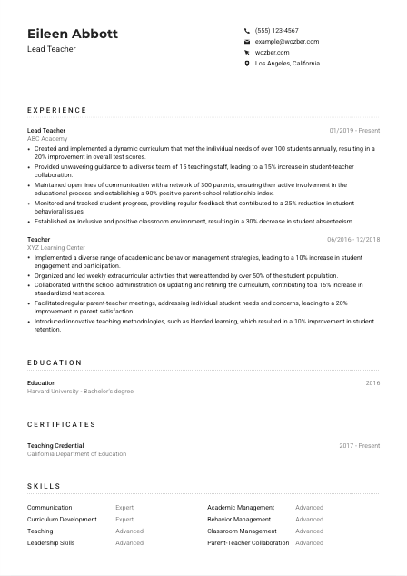 Lead Teacher CV Example