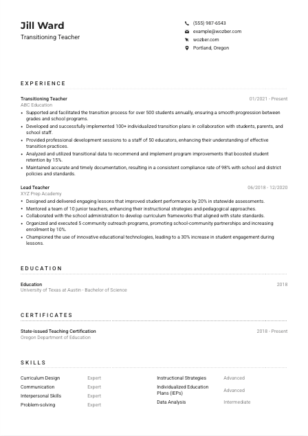 Transitioning Teacher CV Example