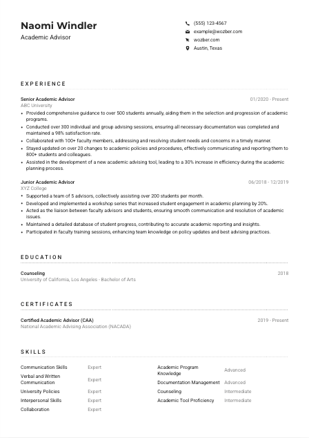 Academic Advisor CV Example