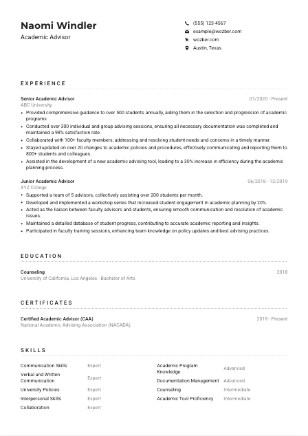 Academic Advisor Resume Example