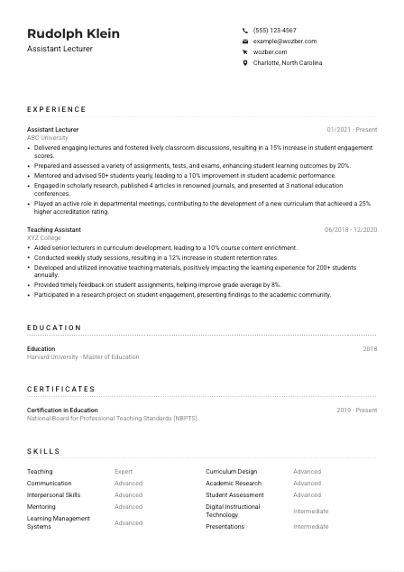 Assistant Lecturer CV Example