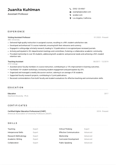 Assistant Professor Resume Example