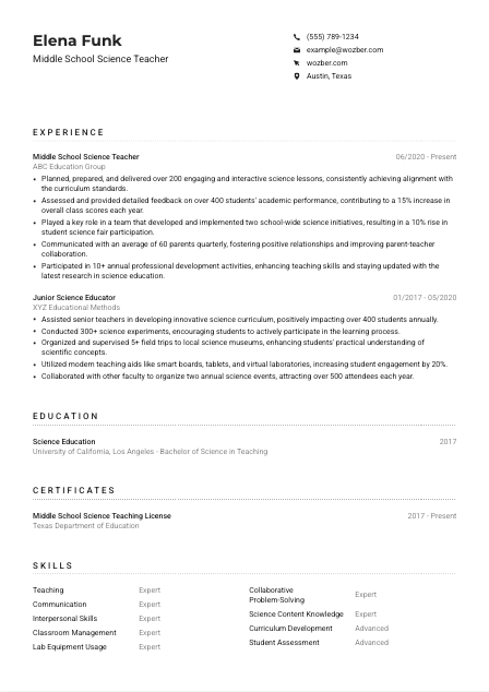 Middle School Science Teacher CV Example