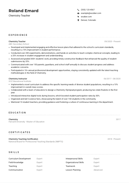 Chemistry Teacher Resume Example Chemistry Teacher Resume Example