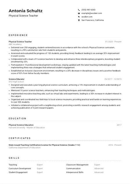 Physical Science Teacher CV Example