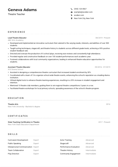 Theatre Teacher CV Example