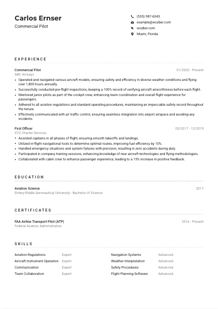 Commercial Pilot Resume Example