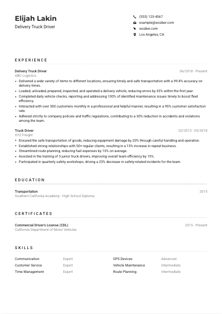 Delivery Truck Driver CV Example