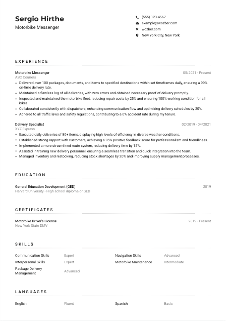 Motorbike Messenger CV Example