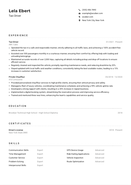 Taxi Driver Resume Example