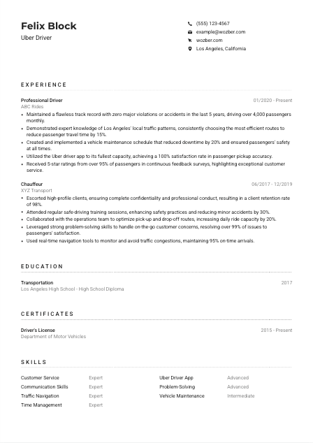 Uber Driver Resume Example