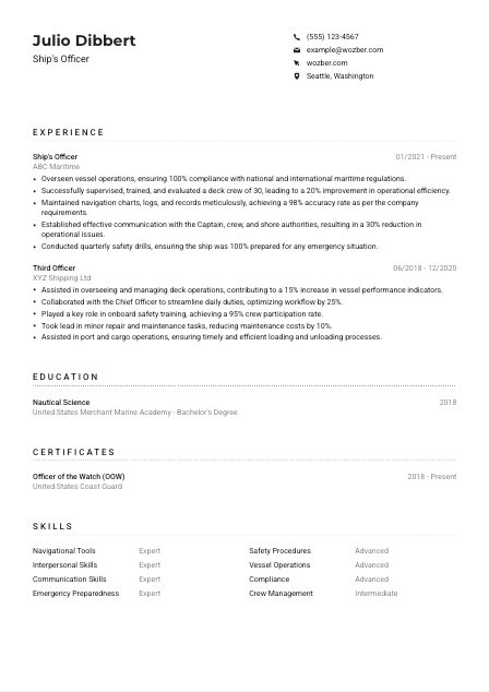 Ship's Officer Resume Example