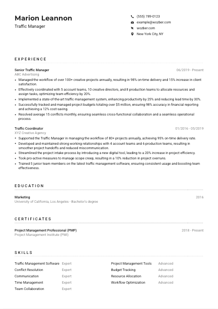 Traffic Manager Resume Example