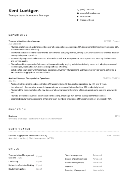 Transportation Operations Manager Resume Example